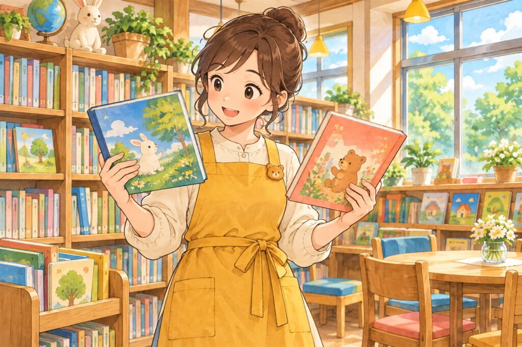図書室で絵本を二冊持ち、どちらを読むか見くらべている学校司書
