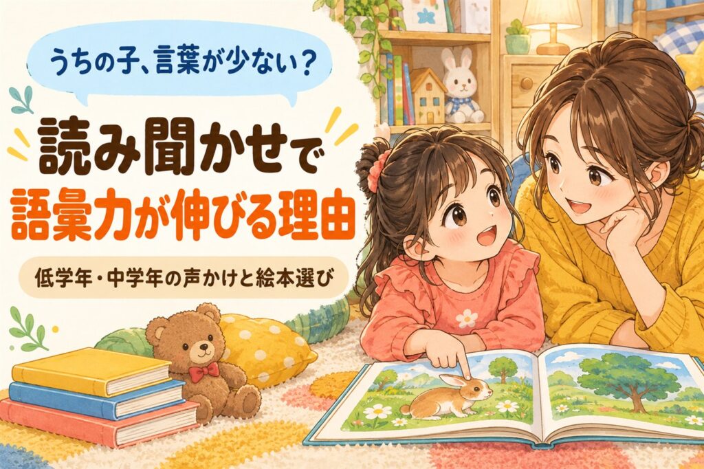 うちの子、言葉が少ない？読み聞かせで語彙力が伸びる理由。低学年・中学年の声かけと絵本選び。絵本の絵を指さして母親を見上げる女の子のイラスト