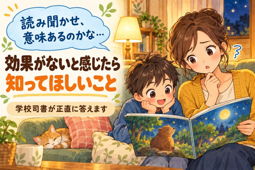 読み聞かせ、意味あるのかな…効果がないと感じたら知ってほしいこと。学校司書が正直に答えます。絵本に夢中な男の子と首をかしげる母親のイラスト