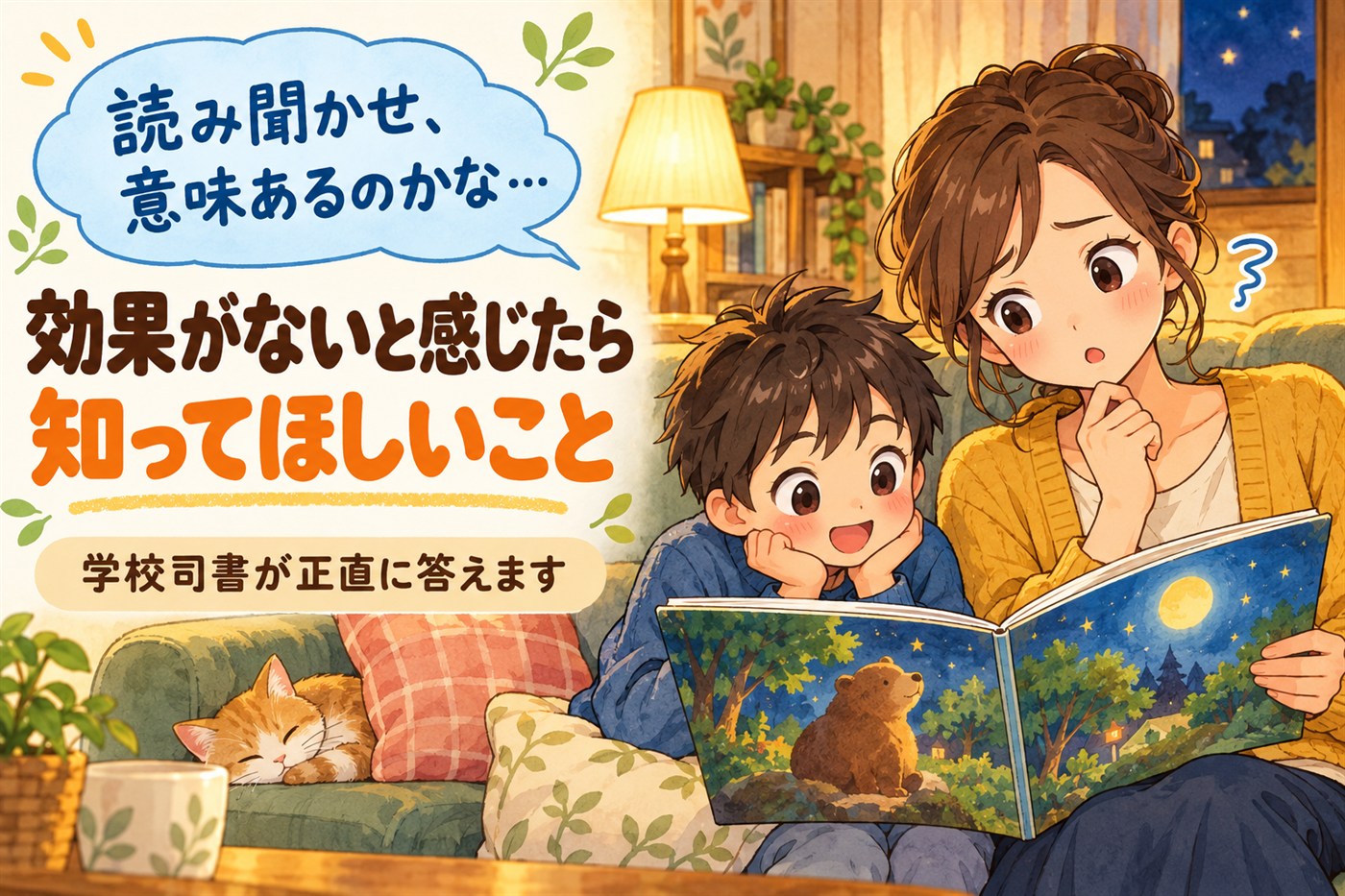 読み聞かせ、意味あるのかな…効果がないと感じたら知ってほしいこと。学校司書が正直に答えます。絵本に夢中な男の子と首をかしげる母親のイラスト