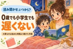 「読み聞かせ、いつから？」0歳でも小学生でも遅くない。大事なのは始めた時期より続けた年数。布団の上で母親に絵本を読んでもらう男の子のイラスト