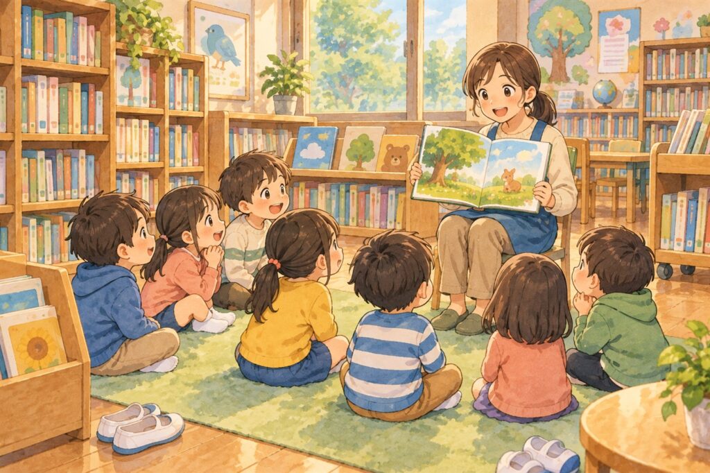 図書室のマットに座った低学年の子どもたちが、司書の読み聞かせを前のめりで聞いている