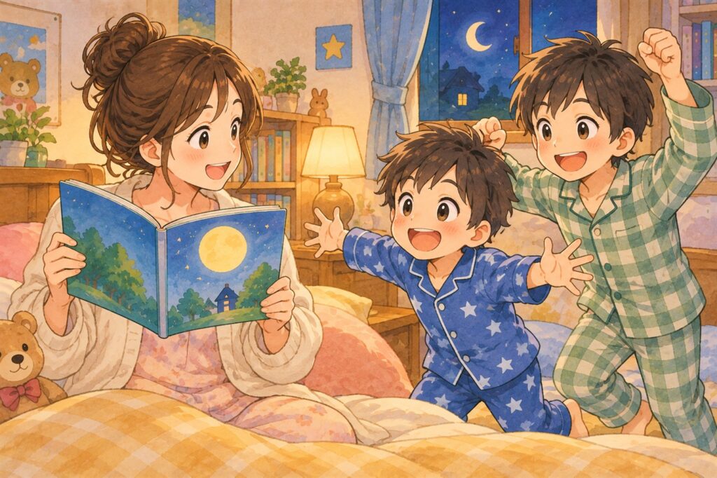 夜の寝室で、絵本を見せる母親に小学生の兄弟がうれしそうに駆け寄ってくる