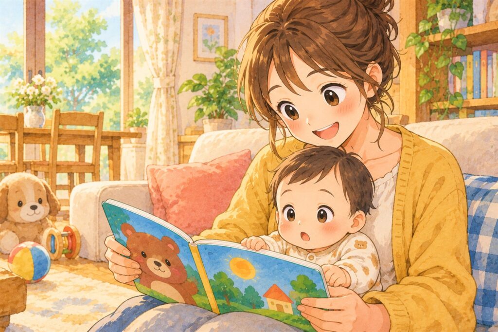 リビングで母親がひざに赤ちゃんを抱っこし、厚紙の絵本を一緒に見ている