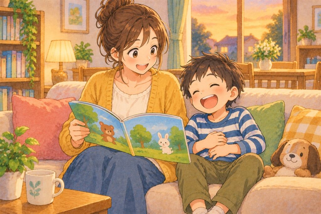 夕方のリビングで、母親が読むうすい絵本を聞いて1年生の男の子が大笑いしている