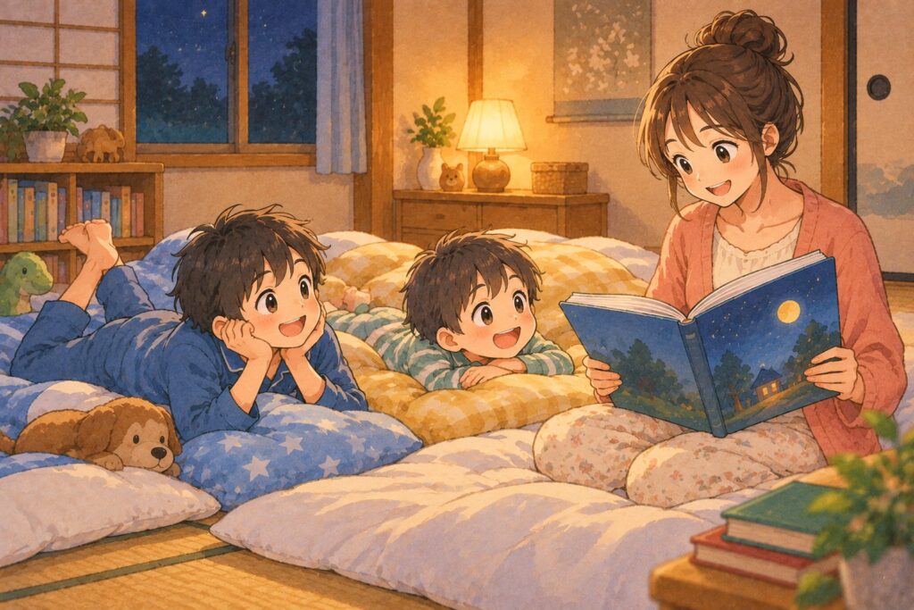 夜の寝室で、兄弟が布団でごろごろしながら母親が読む昔話の本を聞いている