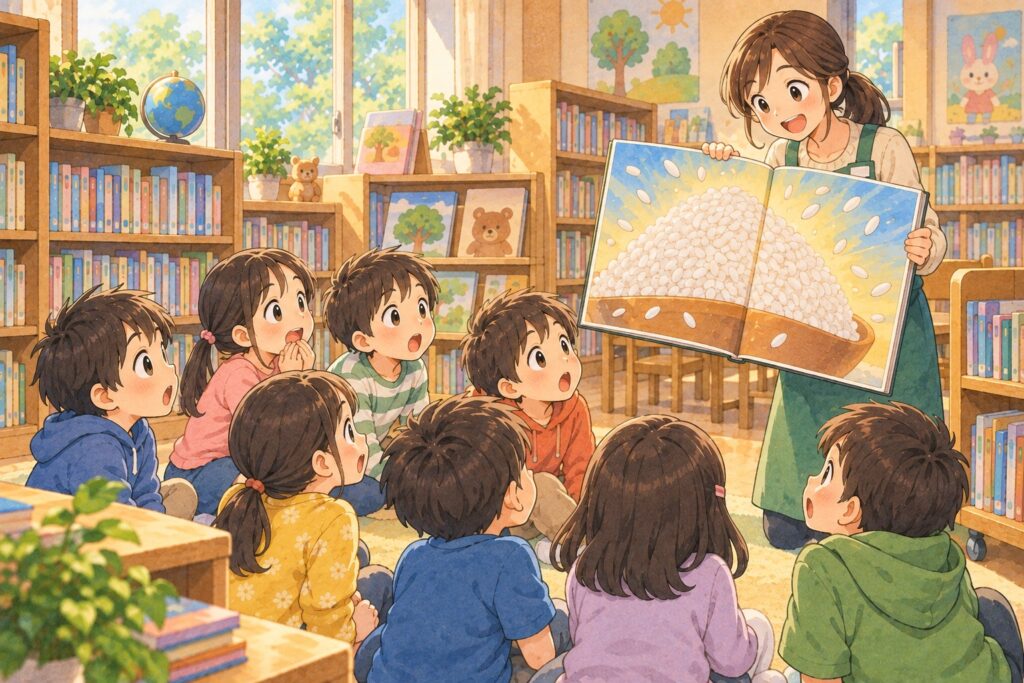図書室で、司書が広げた米つぶの絵本を見て子どもたちが驚いている