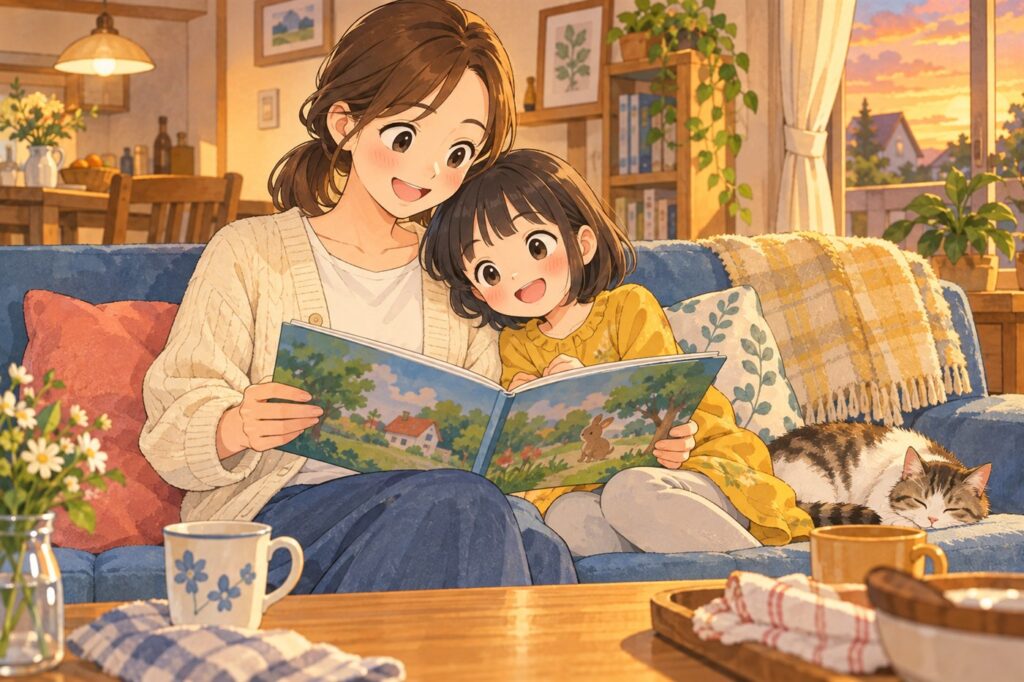 ソファで子どもに絵本を読みながら、ほっとした表情で笑うお母さん