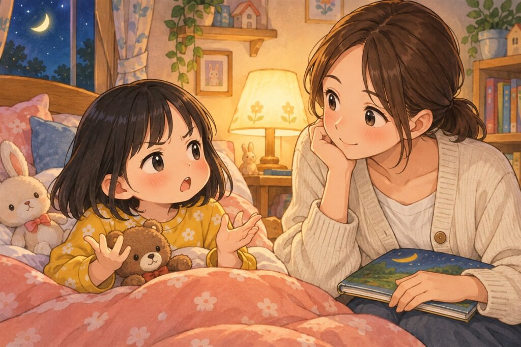 寝る前の読み聞かせのあと、布団の中で今日けんかしたと話す子どもと、耳をかたむけるお母さん