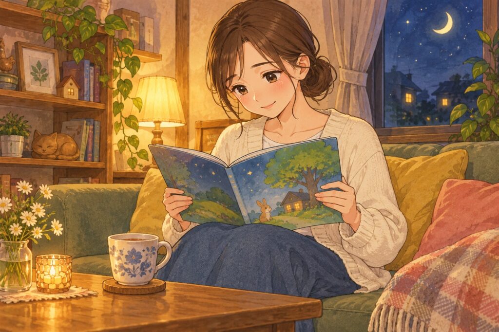 子どもが眠ったあと、ひとりで絵本を読み返して、静かにほほえむお母さん