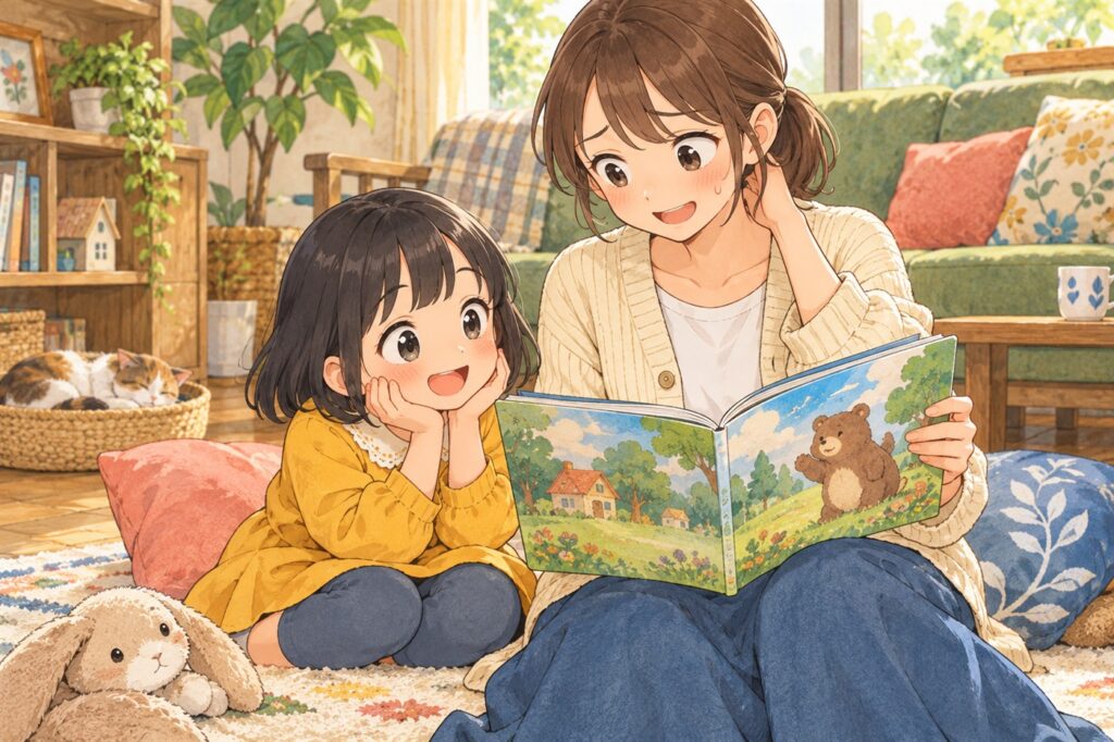 照れながら絵本のセリフを読むお母さんと、気にせず絵本に夢中な子ども