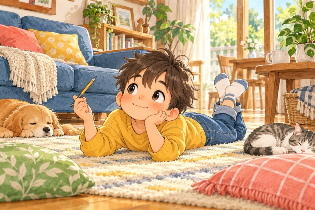 床に寝転がって鉛筆を回しながらぼんやりしている小学生の男の子
