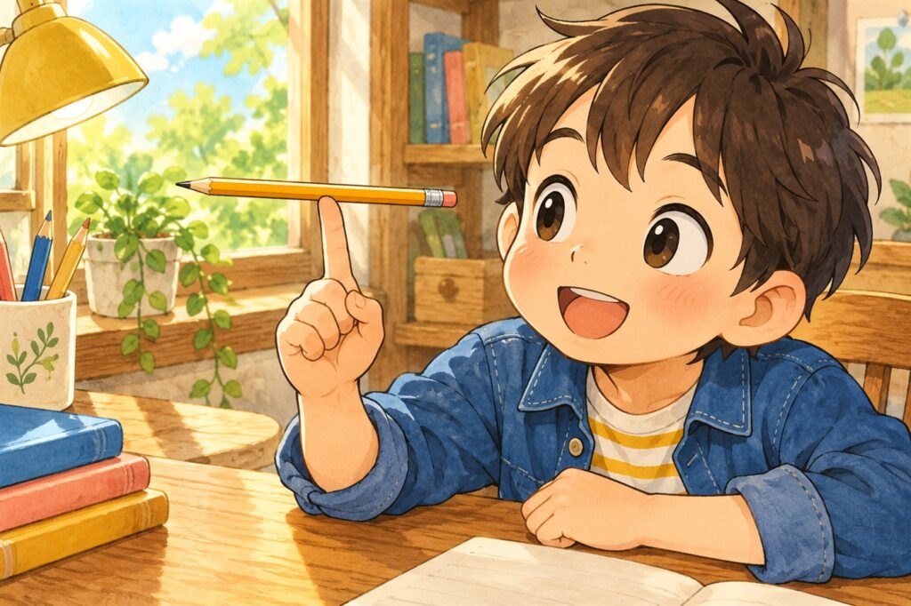鉛筆を指の上でバランスをとっている子どもの手元