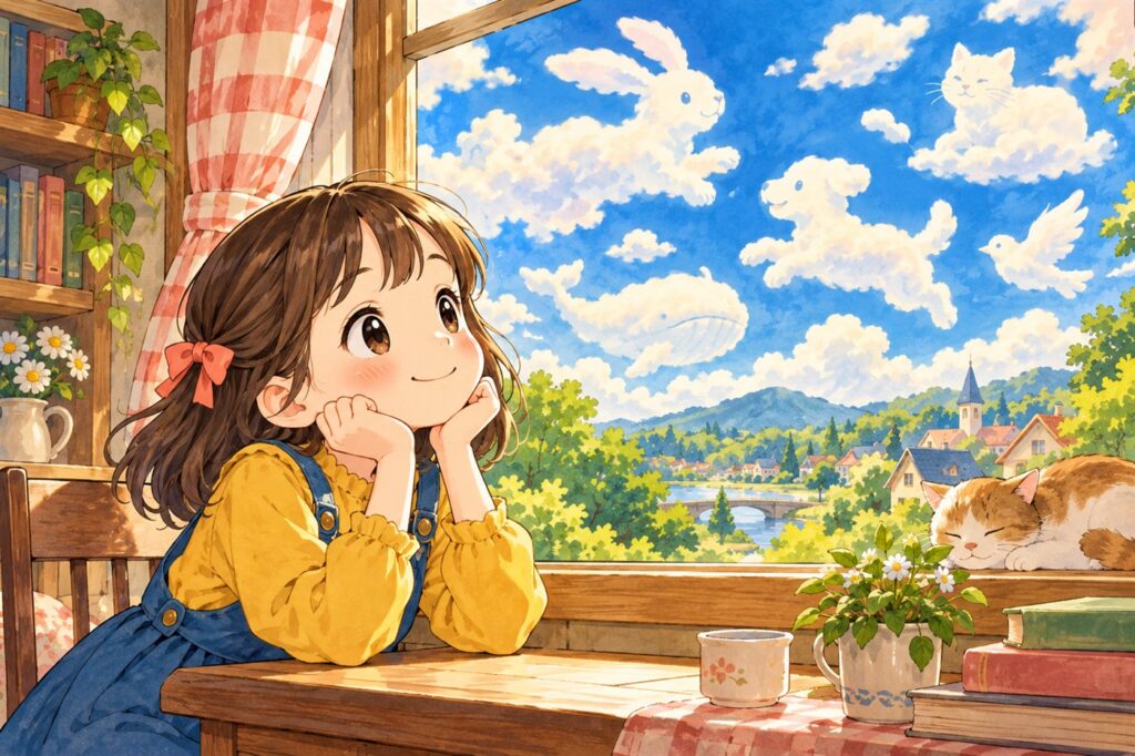窓辺で雲を見上げている小学生の女の子