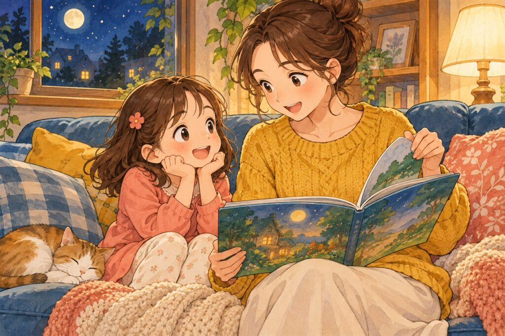 読み聞かせの途中でページをめくる手を止めた母親と続きを待つ子ども