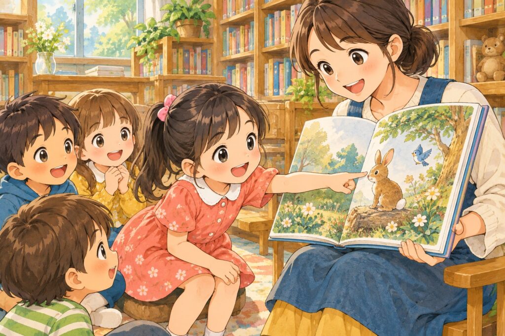 読み聞かせで絵本のはしを指さして見ている女の子