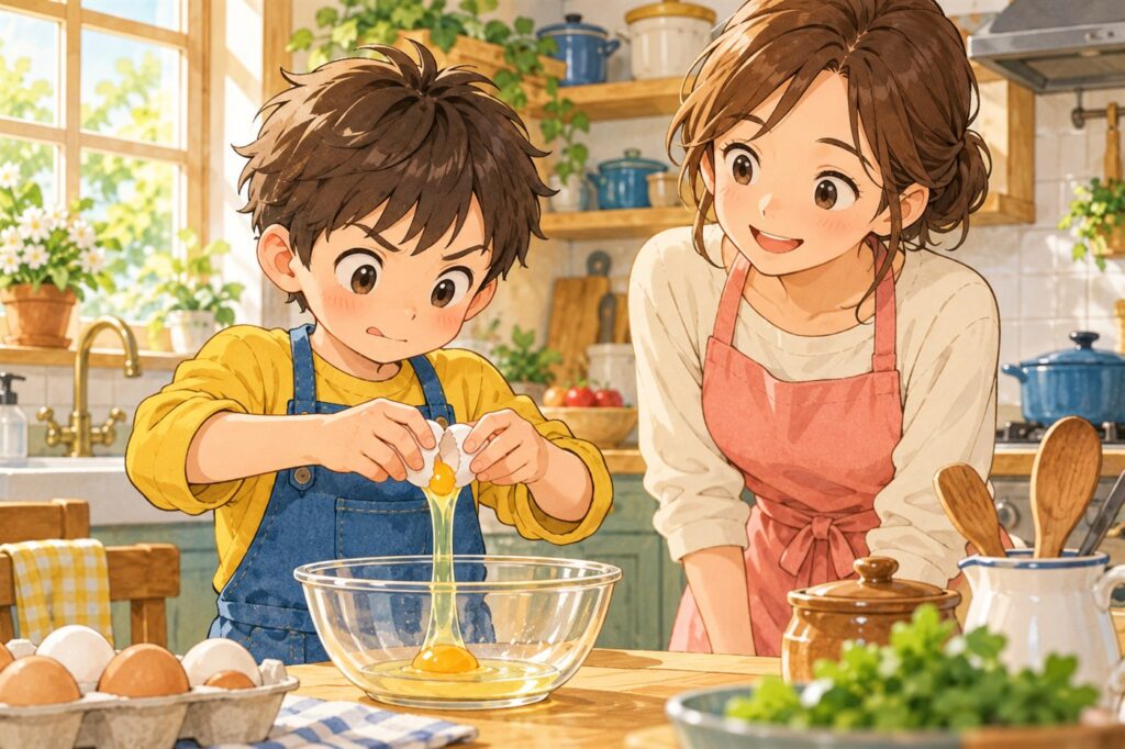 台所で卵をひとつ割ろうとしている小学生の男の子