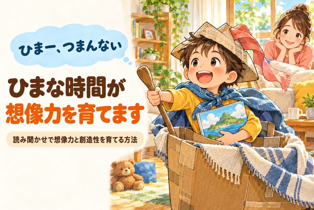 ひまー、つまんない。ひまな時間が想像力を育てます。読み聞かせで想像力と創造性を育てる方法。段ボールの船で冒険ごっこをする男の子のイラスト