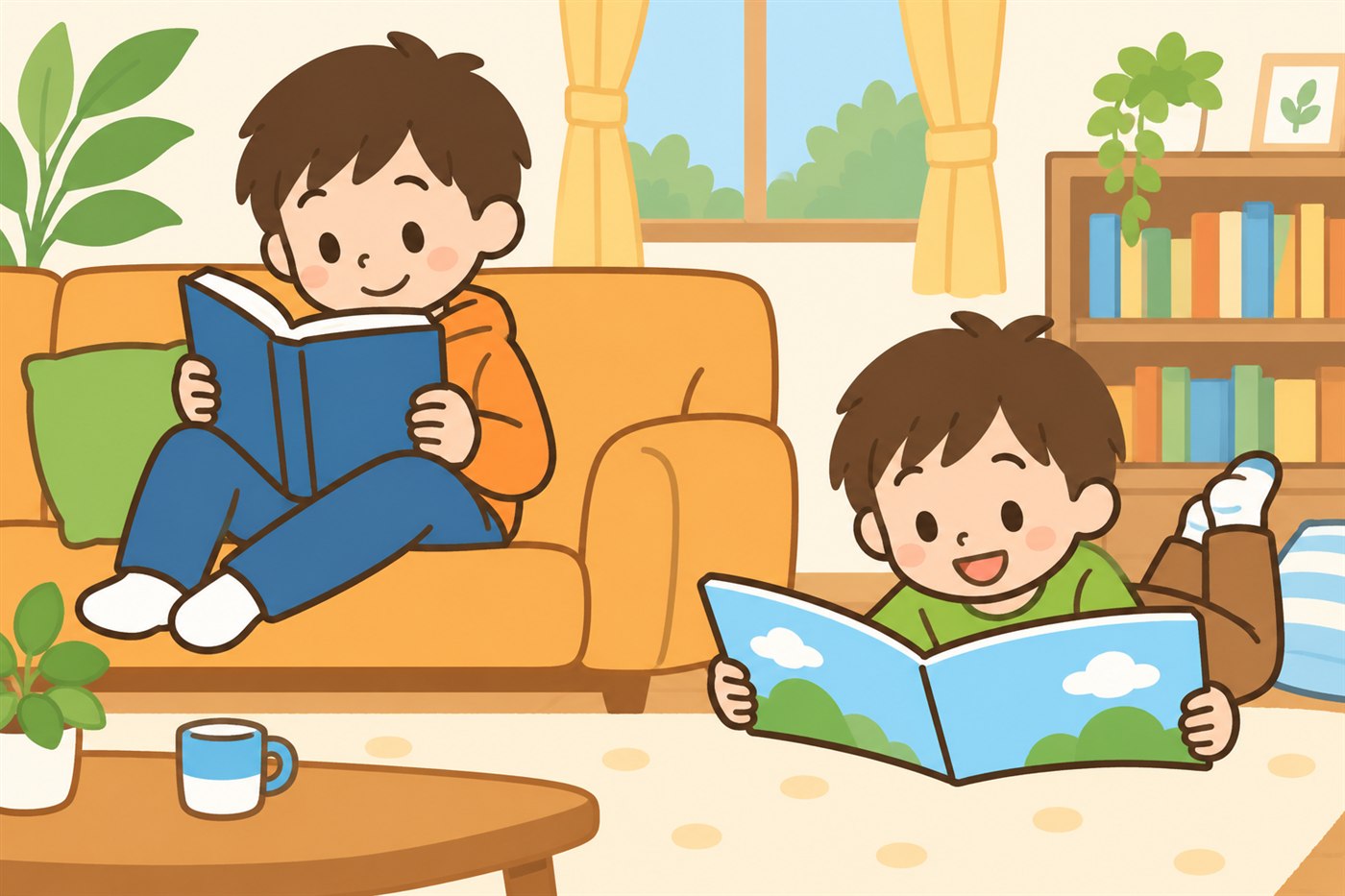 厚い物語の本を読む高学年の兄と、大きな絵本を読む中学年の弟が、リビングでそれぞれ読書している様子