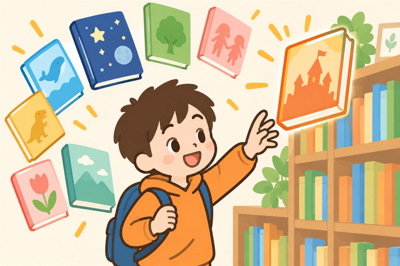 本棚の前で、さまざまなジャンルの本が広がるように浮かび、今まで手に取らなかった一冊に手をのばす高学年の男の子