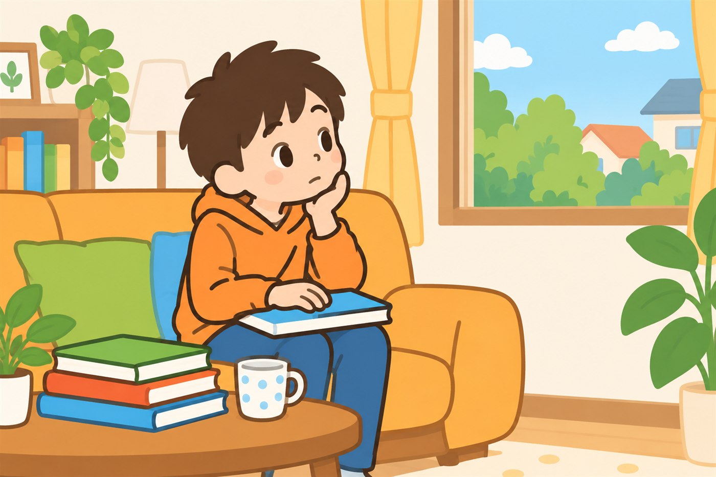 本を伏せてひざに置き、窓の外をぼんやり見ている高学年の男の子。テーブルには読み終えた本が積まれている