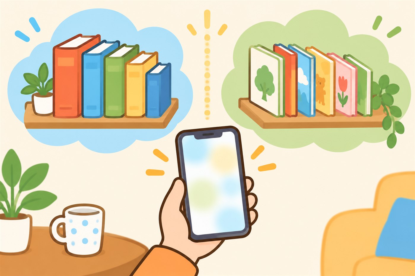 スマートフォンから左右に2つの本棚が浮かび上がり、兄弟それぞれの本が分かれている様子