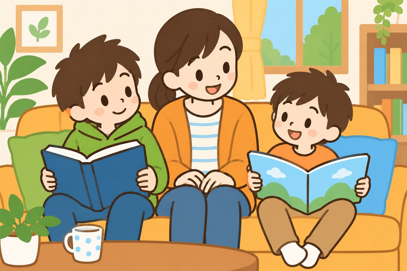 兄弟2人のあいだにすわり、どちらの本ものぞきこまずにほほえむ母親と、それぞれちがう本を読む兄弟