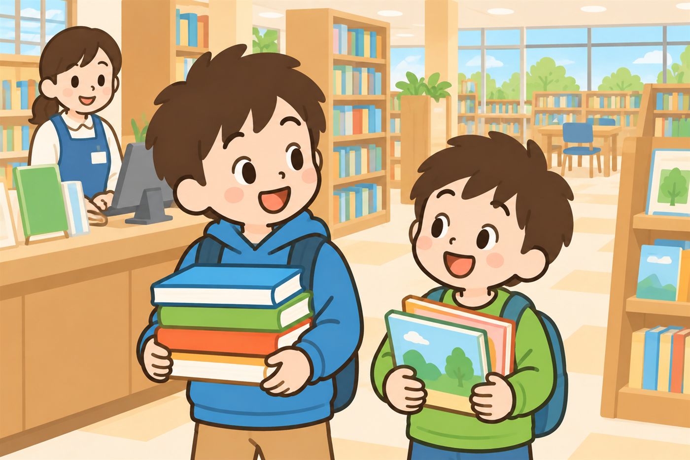図書館で、兄は厚い本を、弟は絵本をそれぞれかかえている兄弟