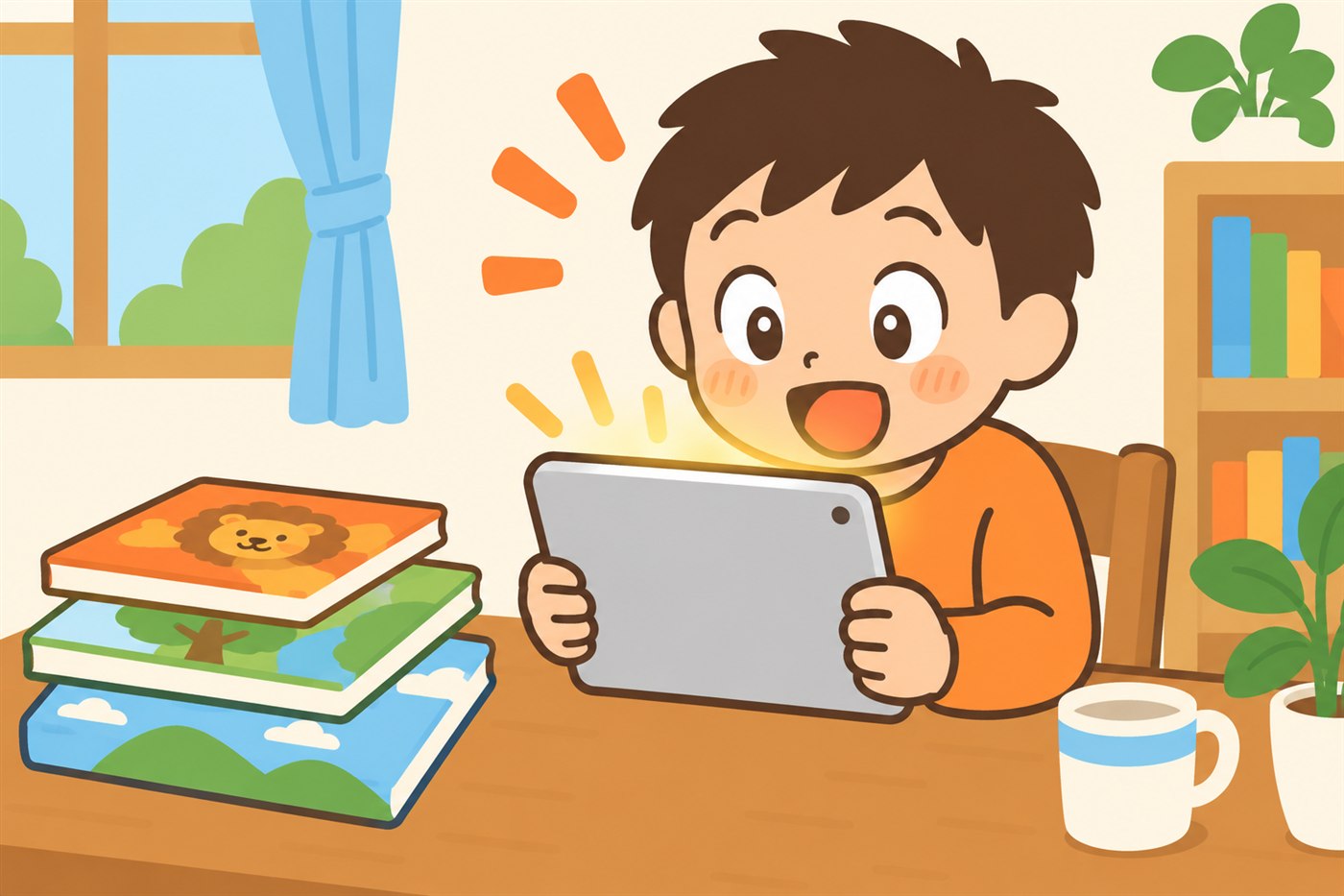 読み終えた絵本を積んで、タブレットの画面を見ておどろいている小学校中学年の男の子