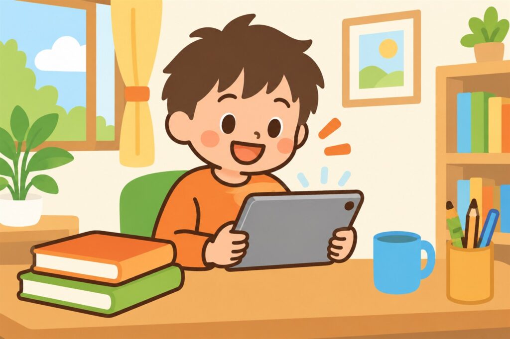 タブレットに向かって笑顔で話しかける小学生の男の子。机には紙の本が2冊積んである