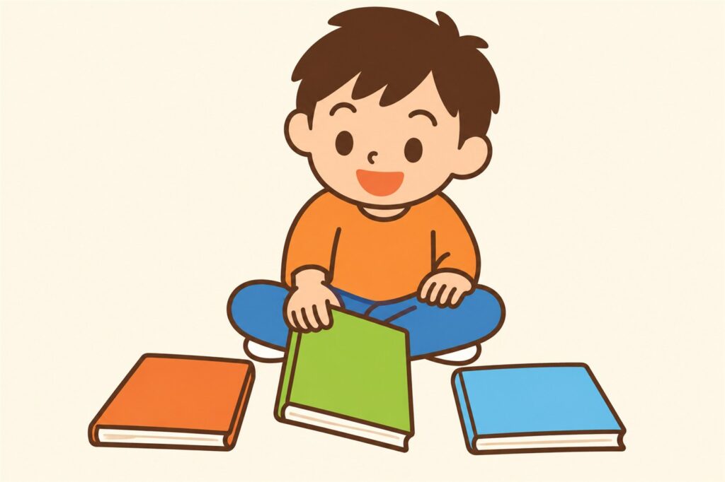 床にならんだ3冊の本から、まんなかの1冊を手にとる小学生の男の子