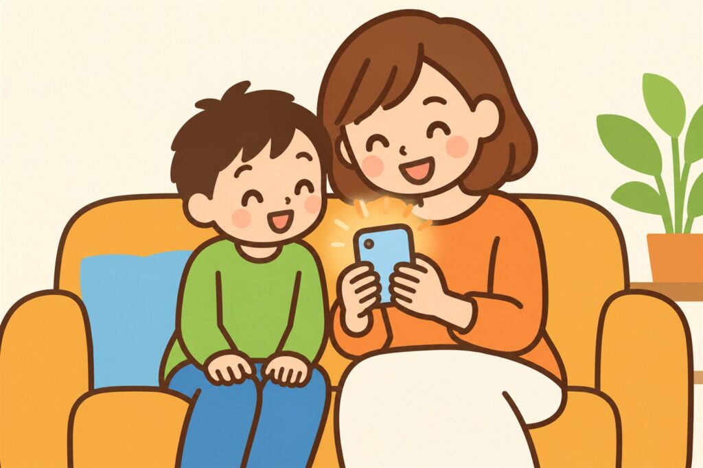ソファにならんで座り、1台のスマートフォンを一緒に見る母と小学生の男の子