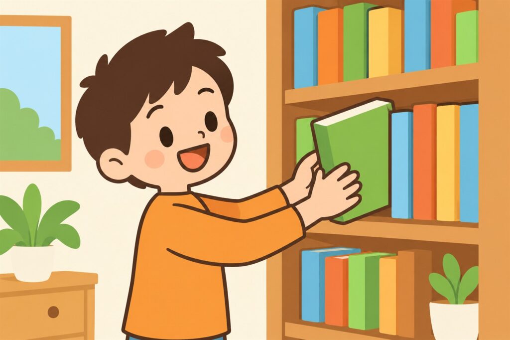 家の本だなから、自分で選んだ1冊を両手で取り出す小学生の男の子