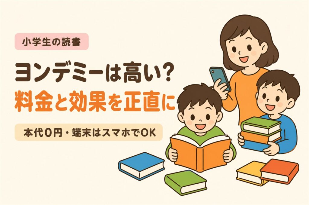 ヨンデミーは高い？料金と効果を正直に。本代0円・端末はスマホでOK。本を読む兄弟とスマホを持つ母親のイラスト