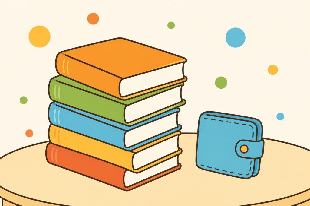 つくえの上に色ちがいの本が数冊とお財布が置かれているイラスト。ヨンデミーにかかるのは月額だけで本代はかからないことを表している