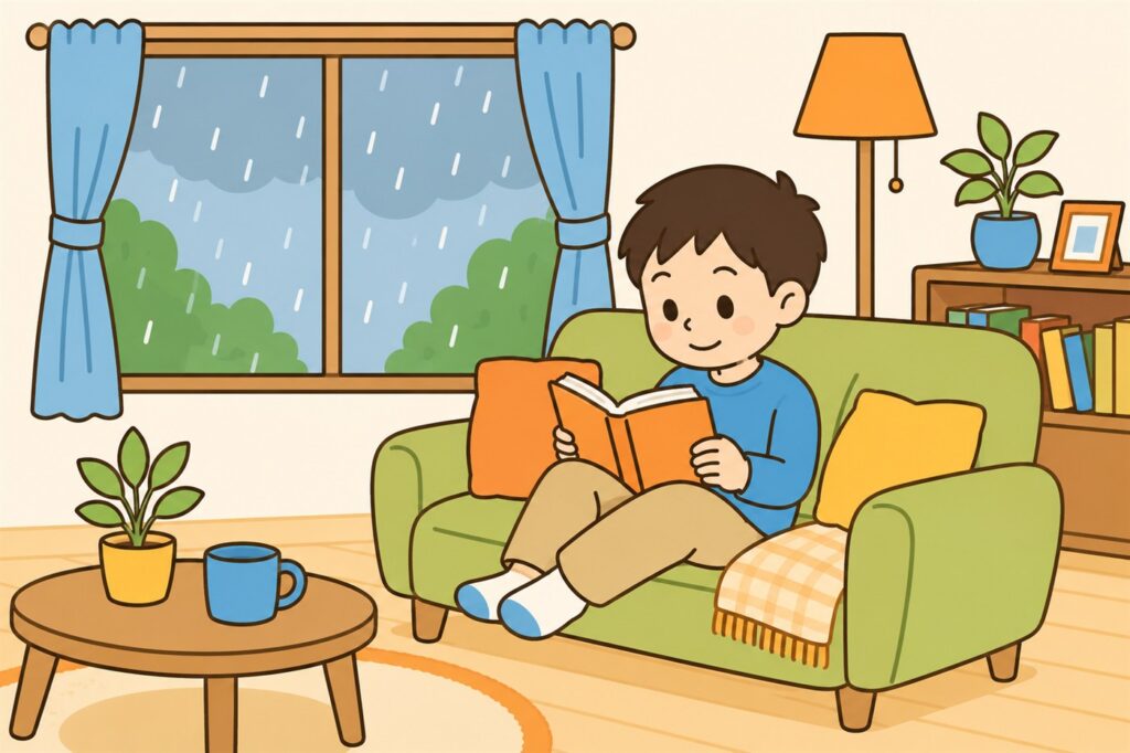 雨の日にリビングのソファで本を読む小学生の男の子。ヨンデミーは送り迎えがなく家で完結することを表している