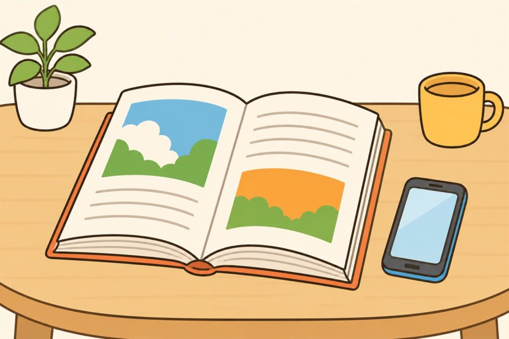 つくえの上にひらいた紙の本とスマートフォンが並んでいるイラスト。ヨンデミーは専用タブレットが不要でスマホで足りることを表している