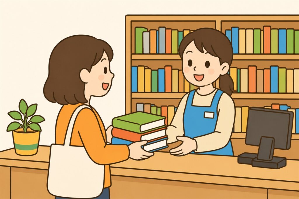 図書館のカウンターで母親が本を数冊受け取っているイラスト。ヨンデミーで選ばれた本を図書館で借りれば本代がかからないことを表している