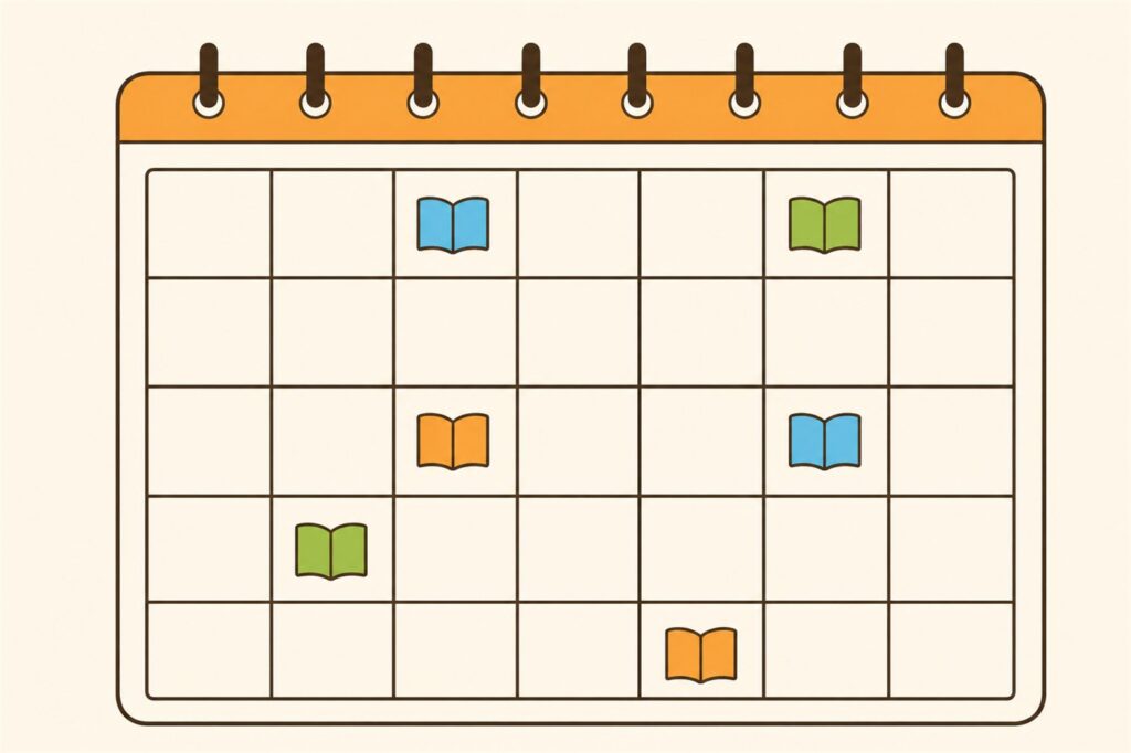 カレンダーのマスのいくつかにだけ本のマークが入っているイラスト。毎日でなくても月に何冊か読めればよいことを表している