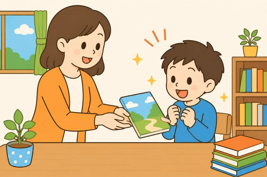 母親から手わたされた本の表紙を見て目をかがやかせる小学生の男の子。無料体験中に見ておきたい反応を表している