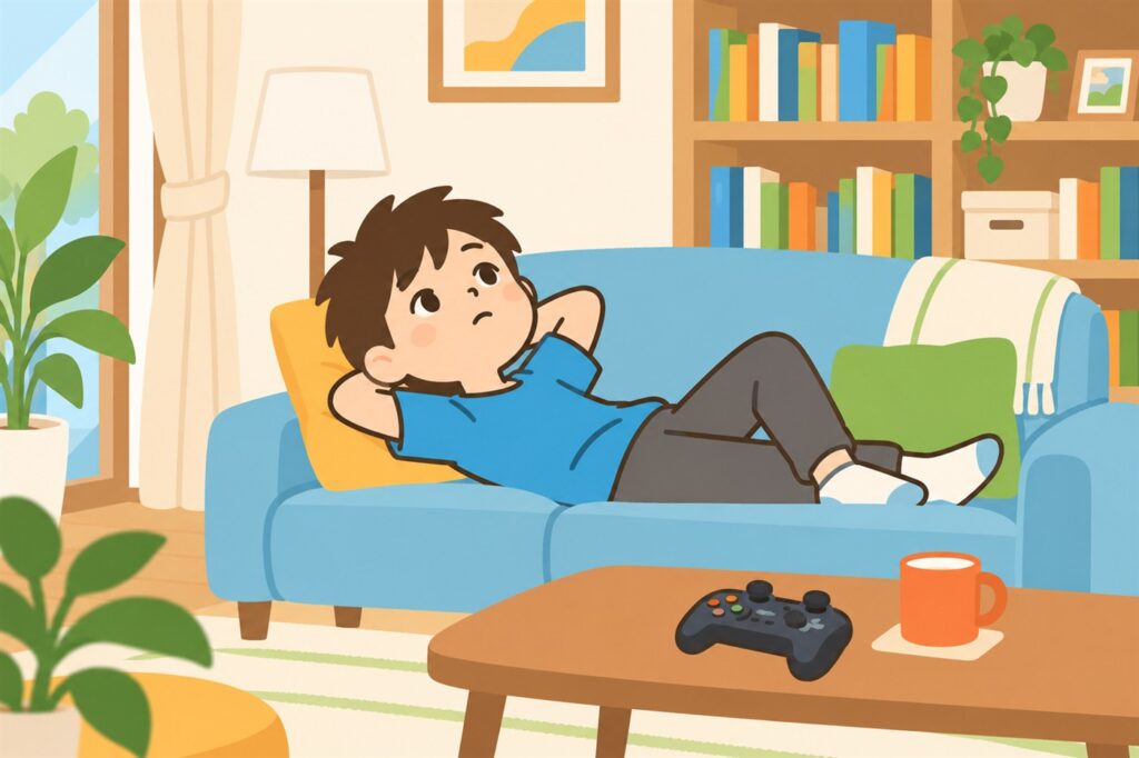 ソファで退屈そうに寝ころぶ小学生の男の子。本だなの本は手に取られていない
