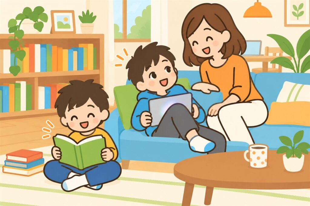 おかあさんが兄に声をかけ、そばで弟が紙の本を楽しそうに読んでいるリビング