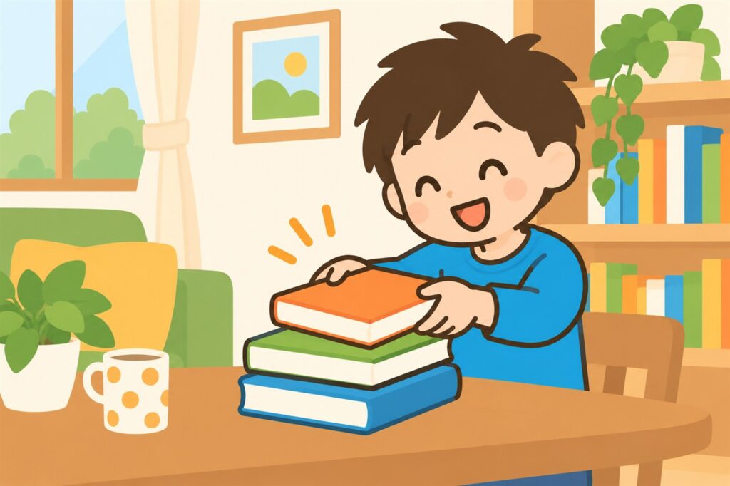 読み終えた本を、本の山のいちばん上にのせる小学生の男の子