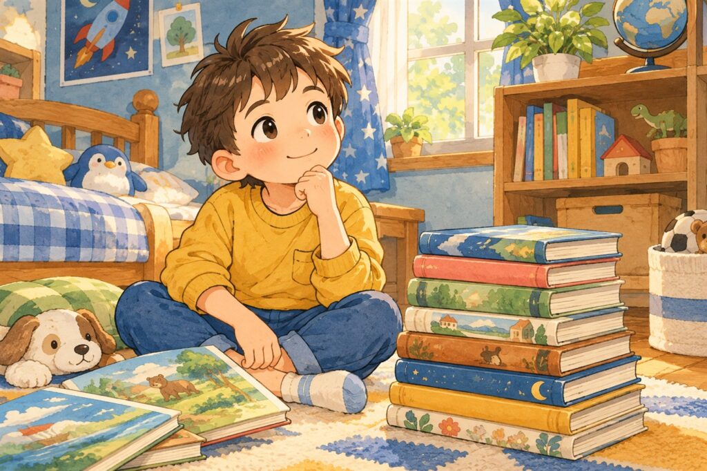読み終えた本を積み上げた横で、次に何を読もうかと考えている男の子