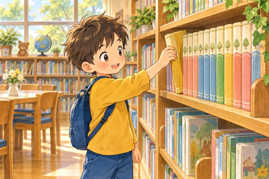 小学校の図書室で、同じシリーズが並ぶ棚から一冊を引き抜いている男の子