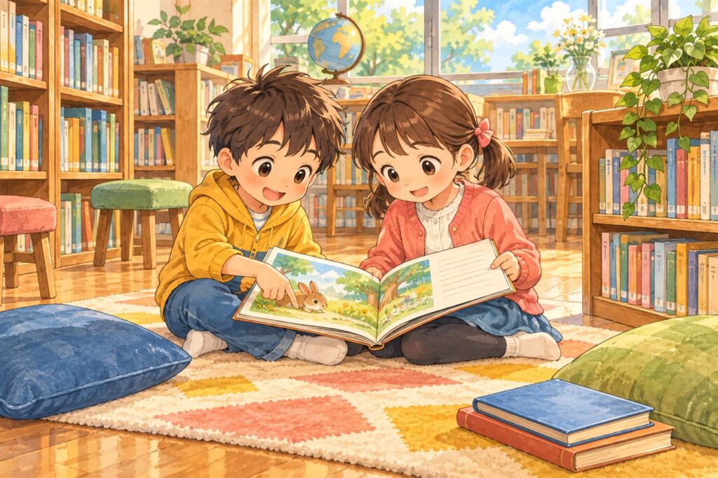 床にすわって本を読む二人の子ども。一人は文章を追い、一人はページの絵を指さしている