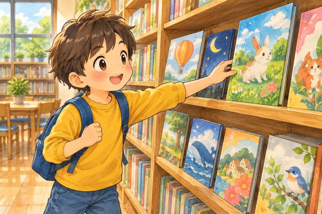 図書室の棚に表紙を見せて並べられた本に、手をのばしている男の子
