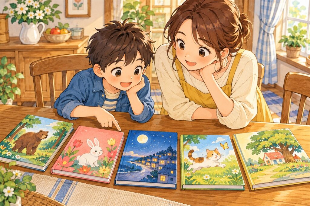 テーブルに並べた図書館の本五冊を、上からのぞきこんで選んでいる男の子と母親