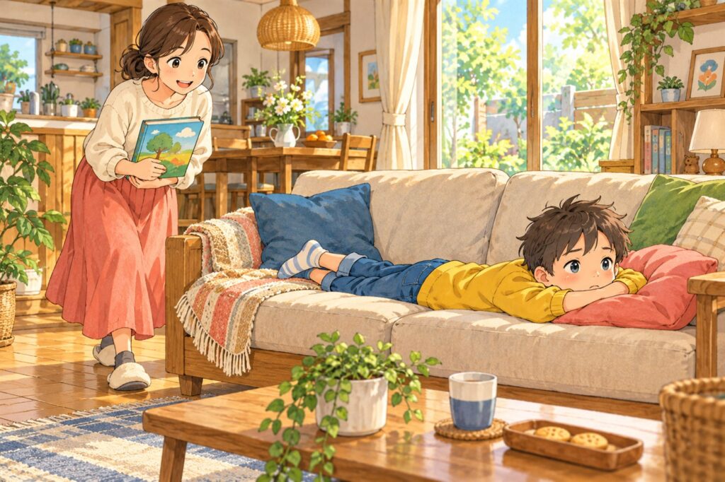 ソファで退屈そうに横になっている男の子に、本を一冊持って近づく母親