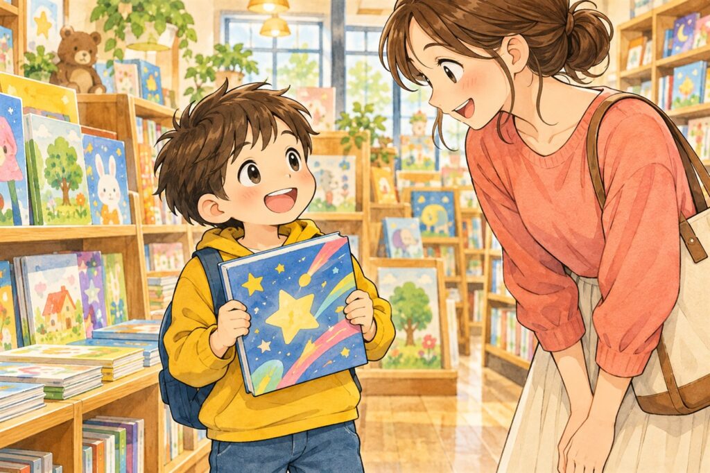 書店で自分が見つけた本を両手で持ち、目を輝かせて母親を見上げる男の子
